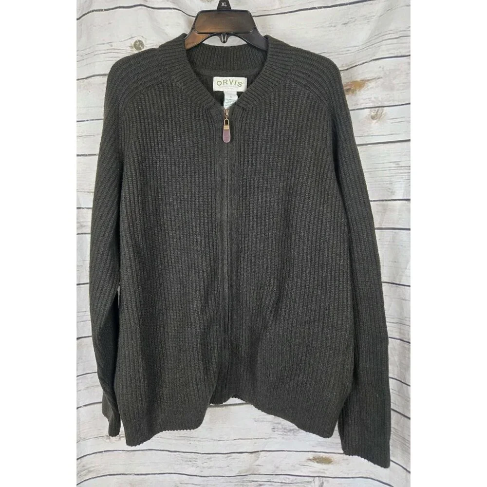 Orvis Vintage Olive Green Lambswool Blend Sweater Mens XL Cardigan Full Zip